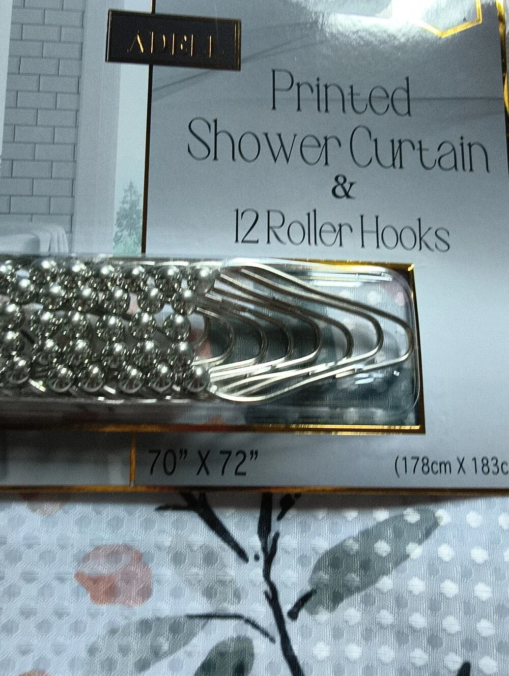 Floral Printed Shower Curtain with Roller Hooks - White & Peach